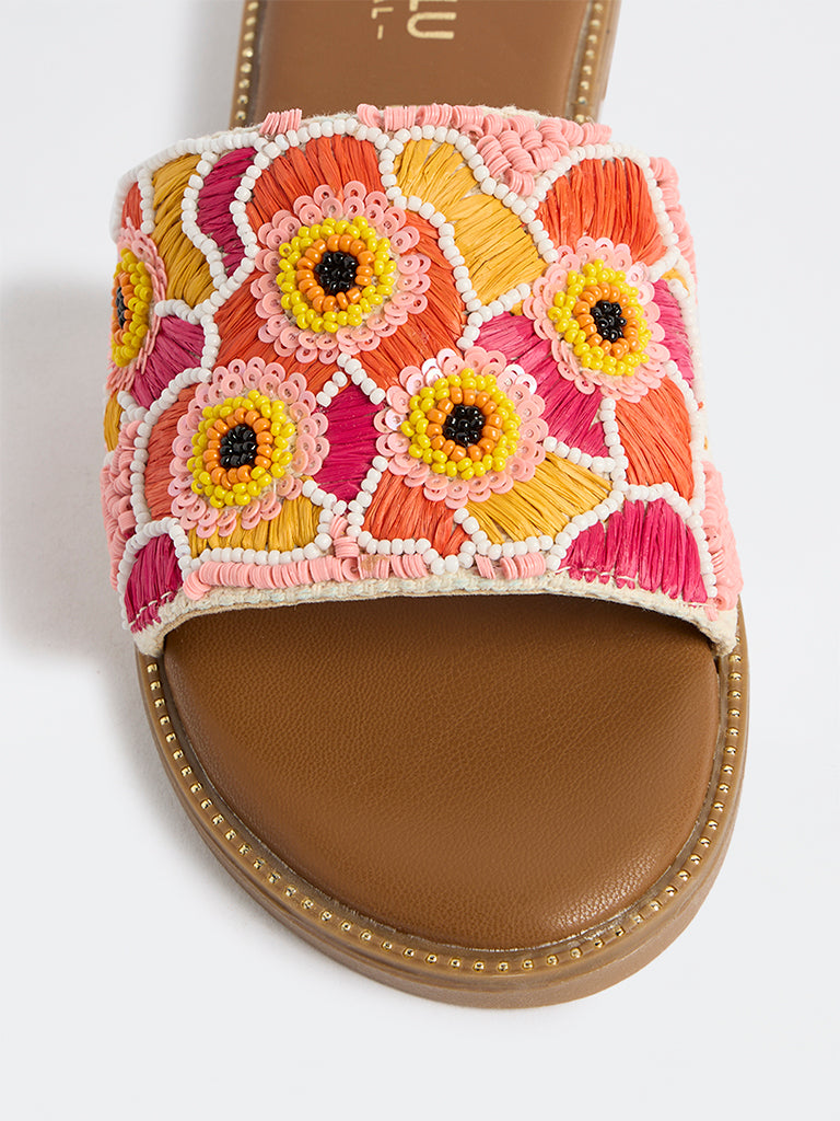 LUNA BLU Pink Floral Embroidered Slides