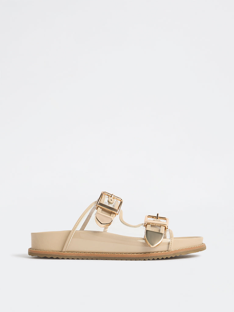 LUNA BLU Beige Dual-Strap Slip-On Comfort Sandals