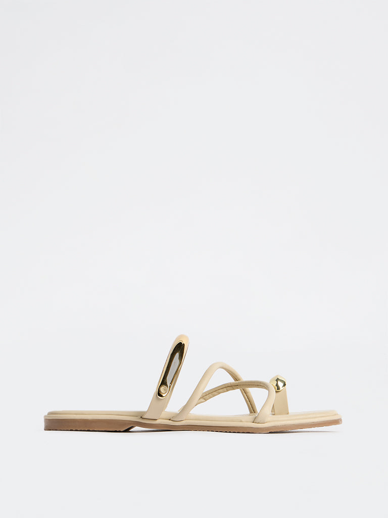 LUNA BLU Beige Metallic-Strap Toe-Ring Sandals