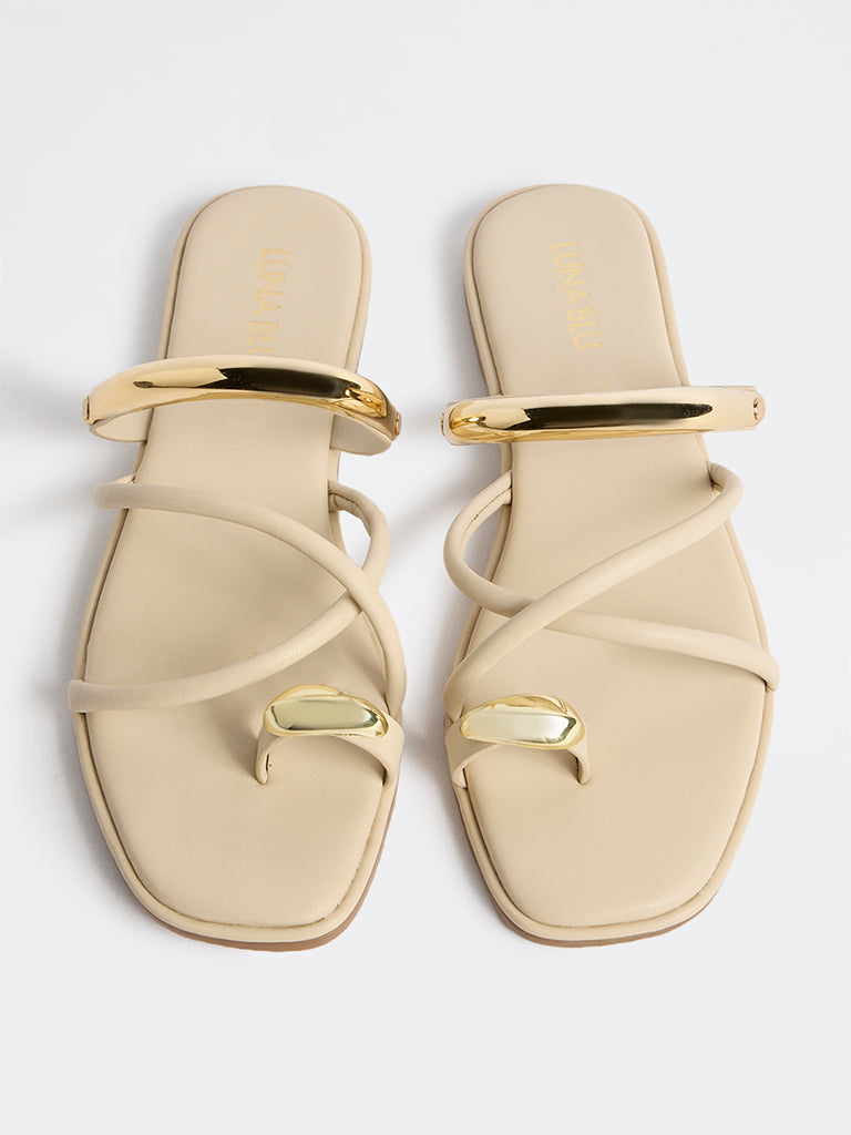 LUNA BLU Beige Metallic-Strap Toe-Ring Sandals