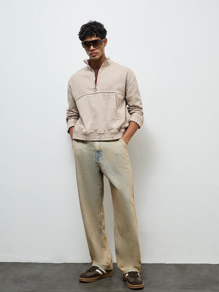 Nuon Taupe Relaxed-Fit Denim Sweatshirt