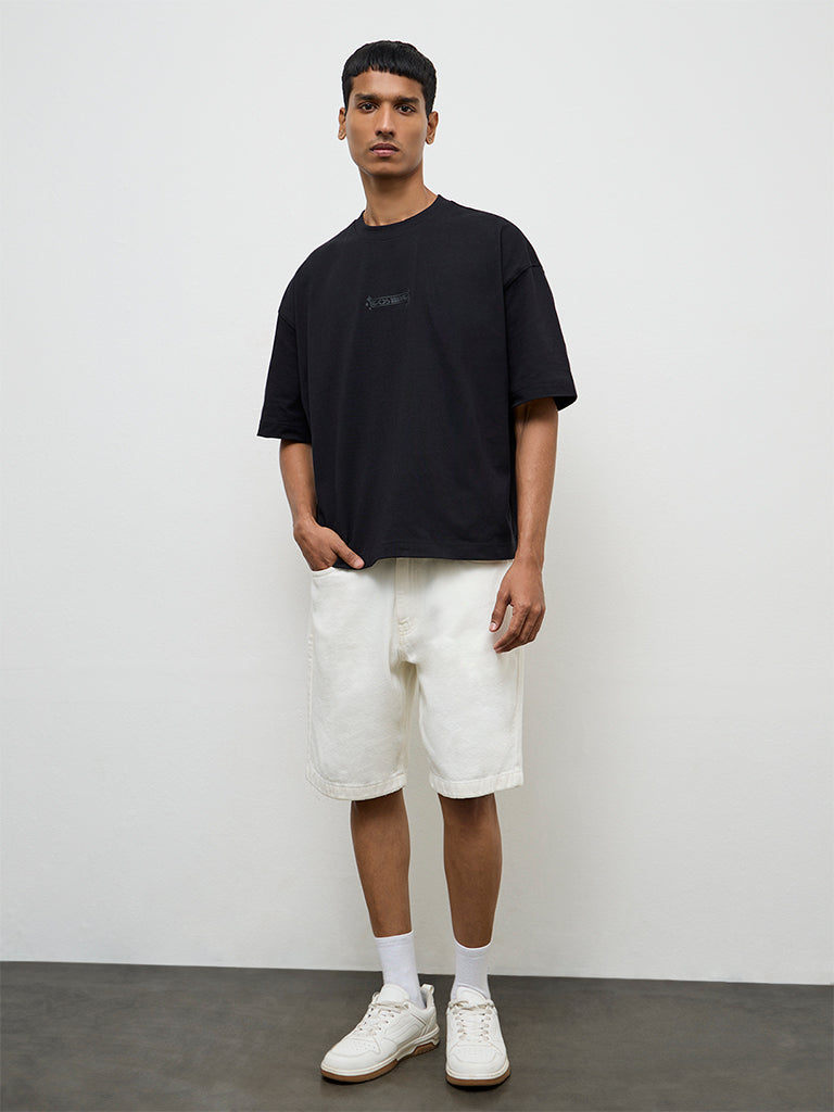 Nuon Black Embossed Oversized-Fit Cotton T-Shirt