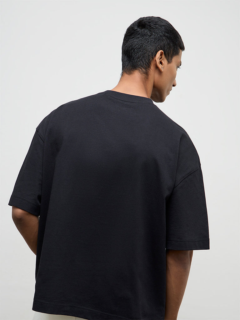 Nuon Black Embossed Oversized-Fit Cotton T-Shirt