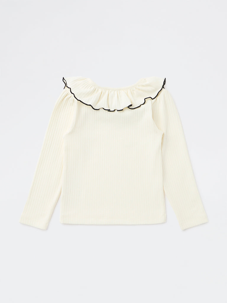HOP Kids Girls Off-White Ribbed Bow-Detail Cotton-Blend Top