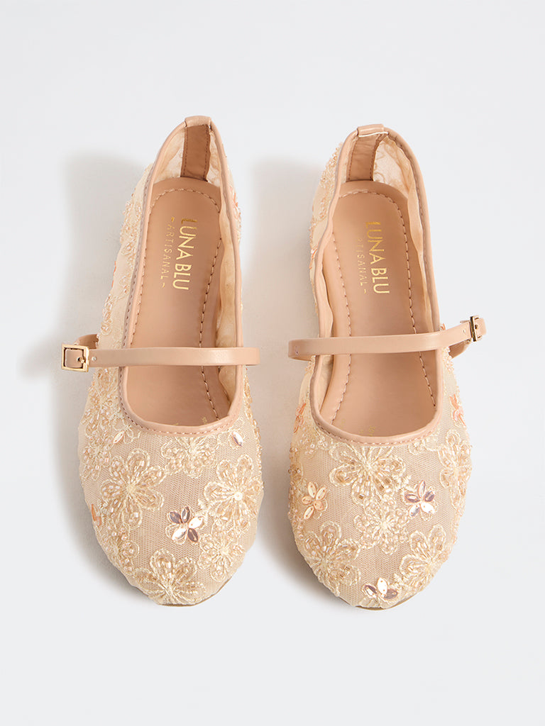 LUNA BLU Cream Embellished Mesh Mary Jane Shoes