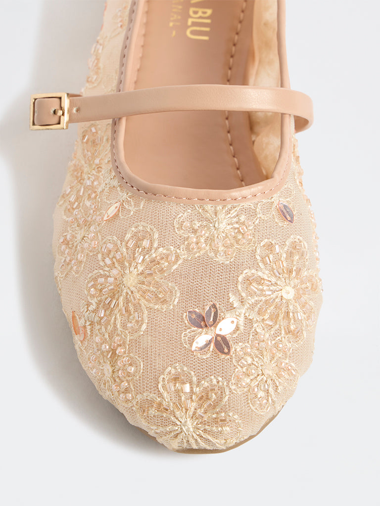 LUNA BLU Cream Embellished Mesh Mary Jane Shoes