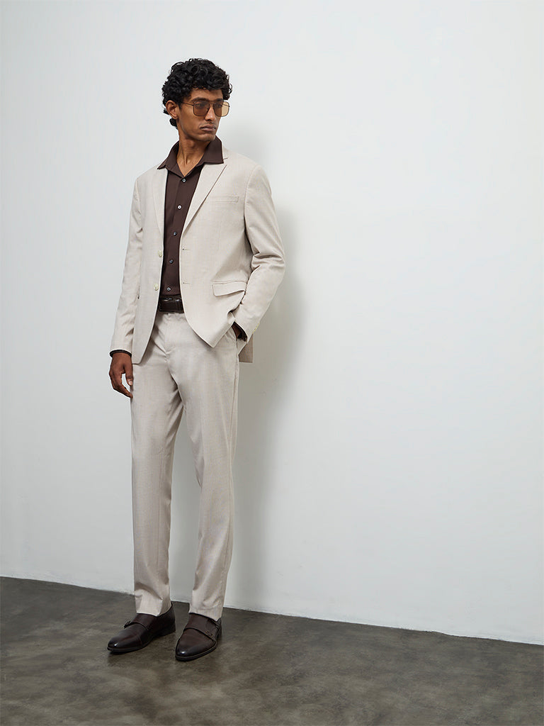WES Formals Beige Checkered Relaxed-Fit Mid-Rise Trousers