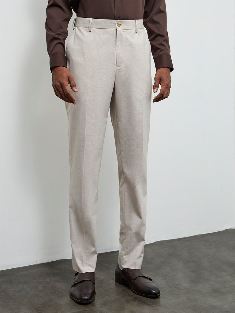 WES Formals Beige Checkered Relaxed-Fit Mid-Rise Trousers