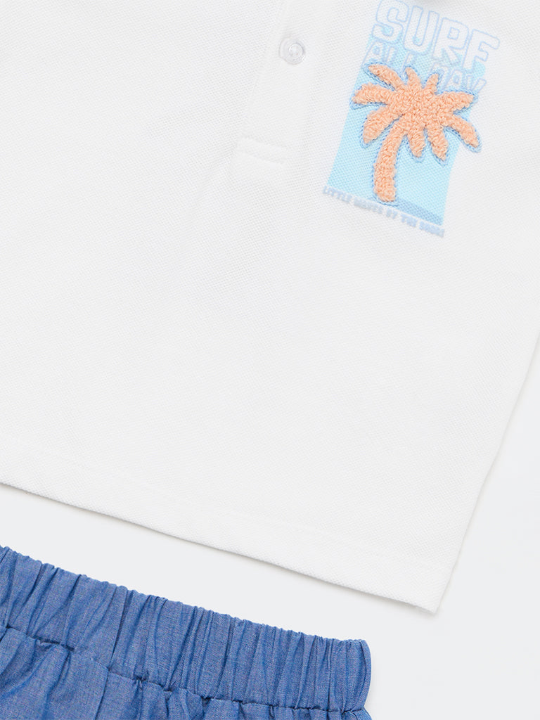 HOP Baby Boys White Tropical Themed Cotton Polo T-Shirt and Shorts Set