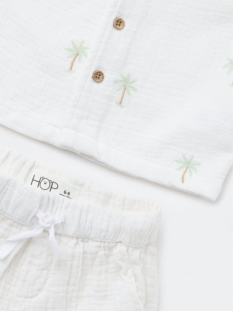 HOP Baby Boys White Embroidered Cotton Shirt and Shorts Set