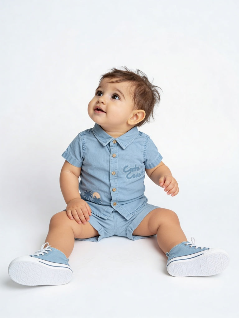 HOP Baby Boys Blue Embroidered Denim Shirt and Shorts Set