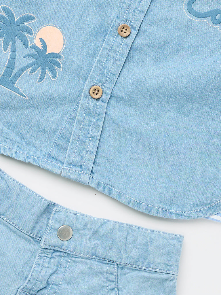 HOP Baby Boys Blue Embroidered Denim Shirt and Shorts Set