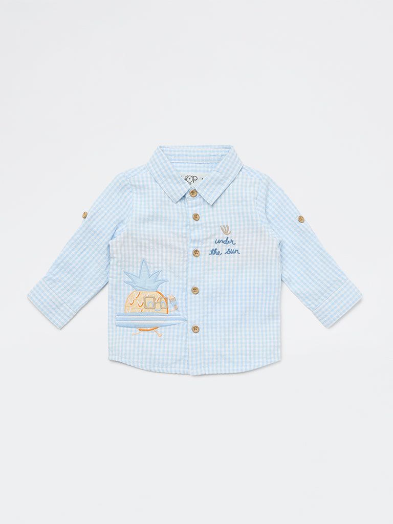 HOP Baby Boys Blue Checkered Cotton Shirt