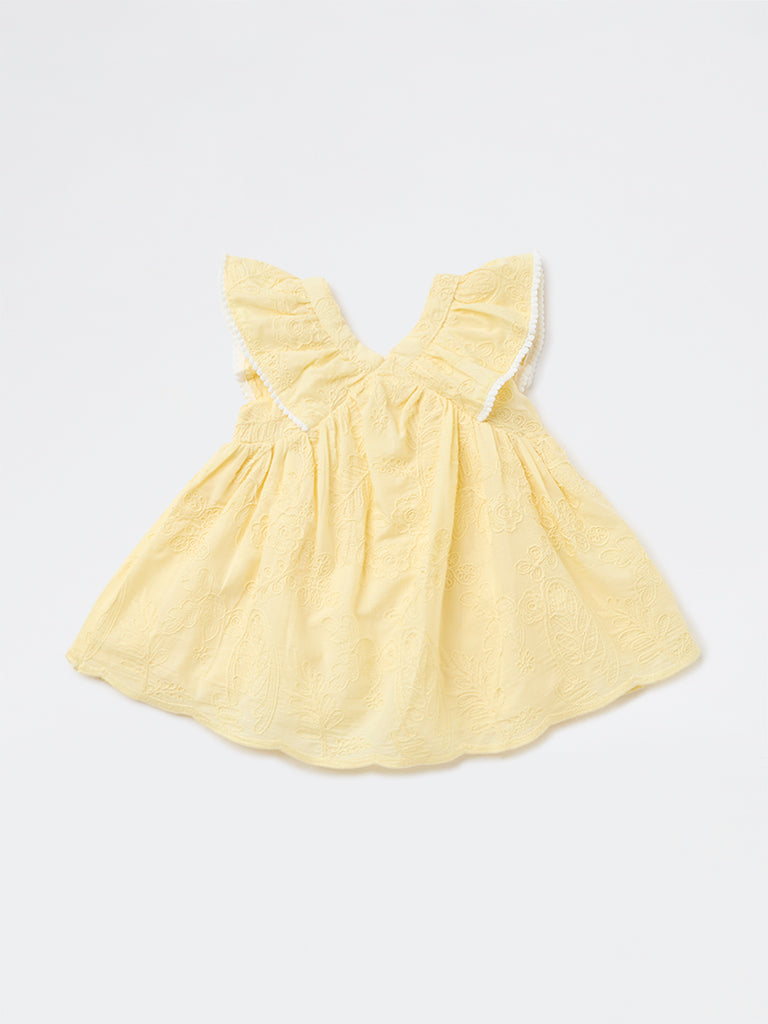 HOP Baby Girls Yellow Embroidered A-Line Cotton Dress