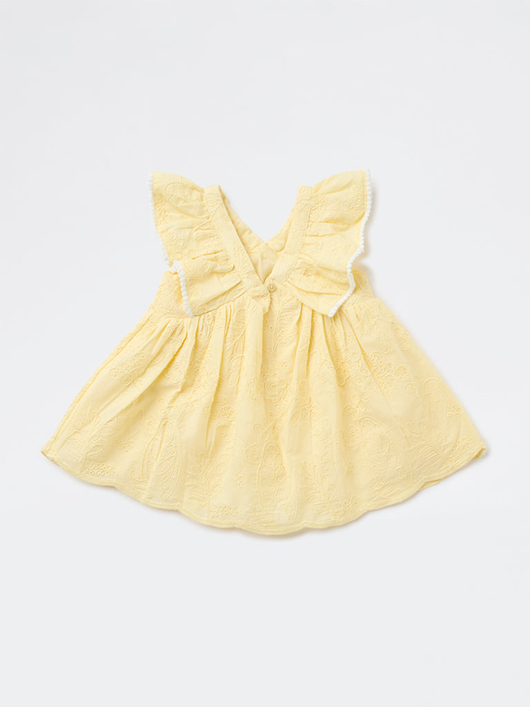 HOP Baby Girls Yellow Embroidered A-Line Cotton Dress