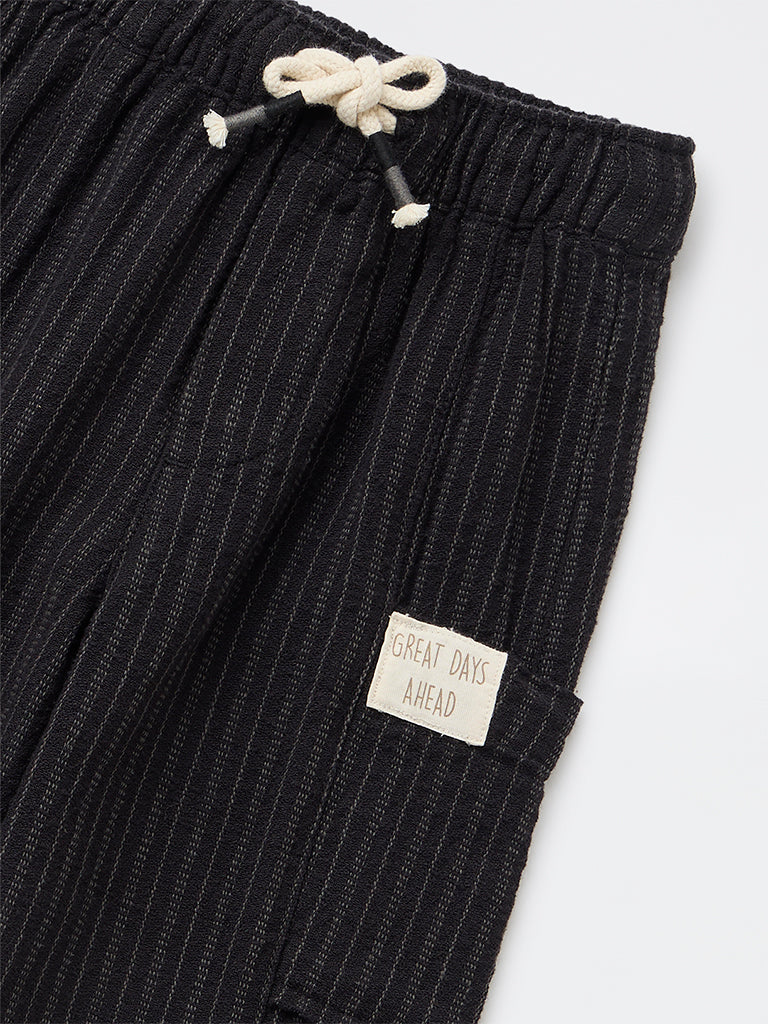 HOP Kids Boys Black Striped Mid-Rise Cotton Pants