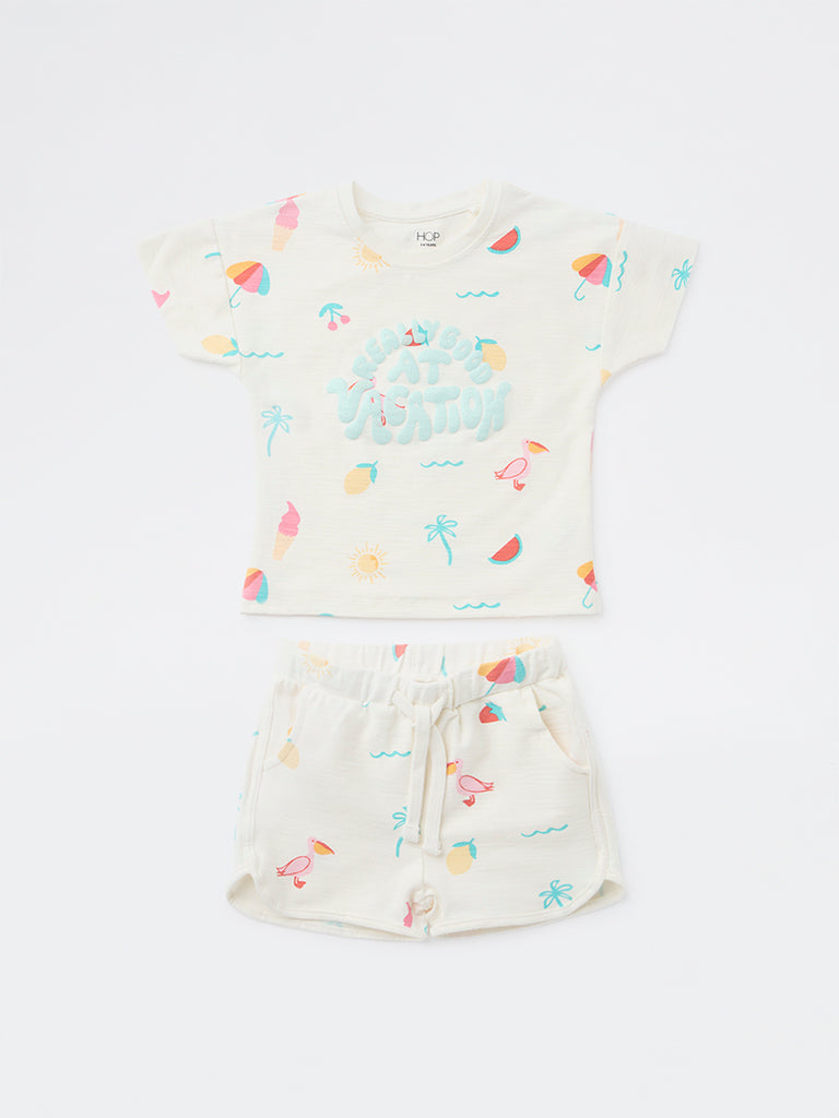 HOP Kids Girls Off-White Printed Cotton T-Shirt and Shorts