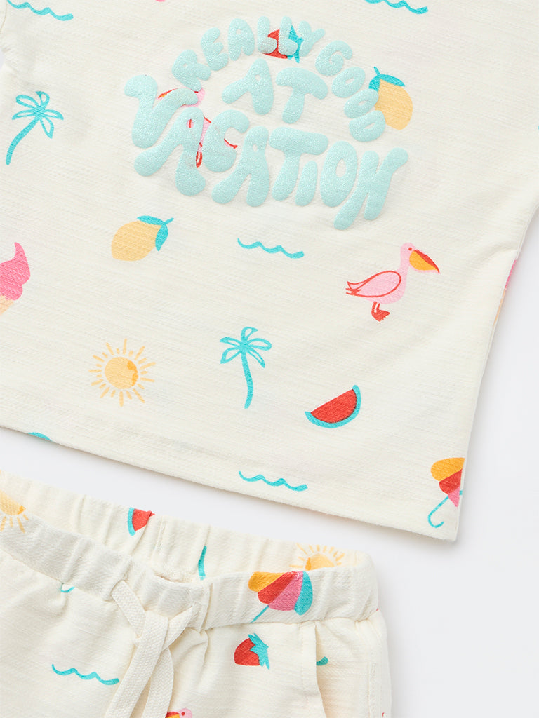 HOP Kids Girls Off-White Printed Cotton T-Shirt and Shorts