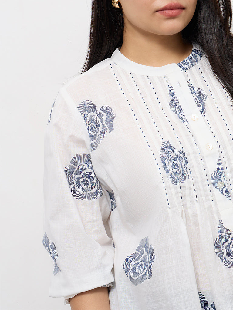 Diza Off-White Floral Printed Cotton Tunic