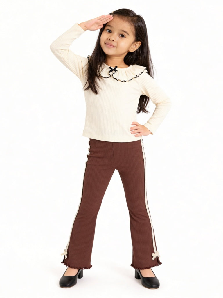 HOP Kids Girls Off-White Ribbed Bow-Detail Cotton-Blend Top
