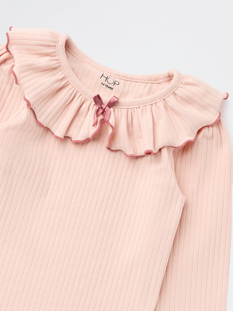 HOP Kids Girls Pink Ribbed Bow-Detail Cotton-Blend Top