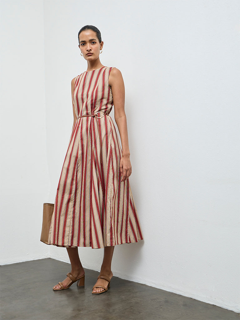 Wardrobe Rust Striped Cotton A-Line Dress