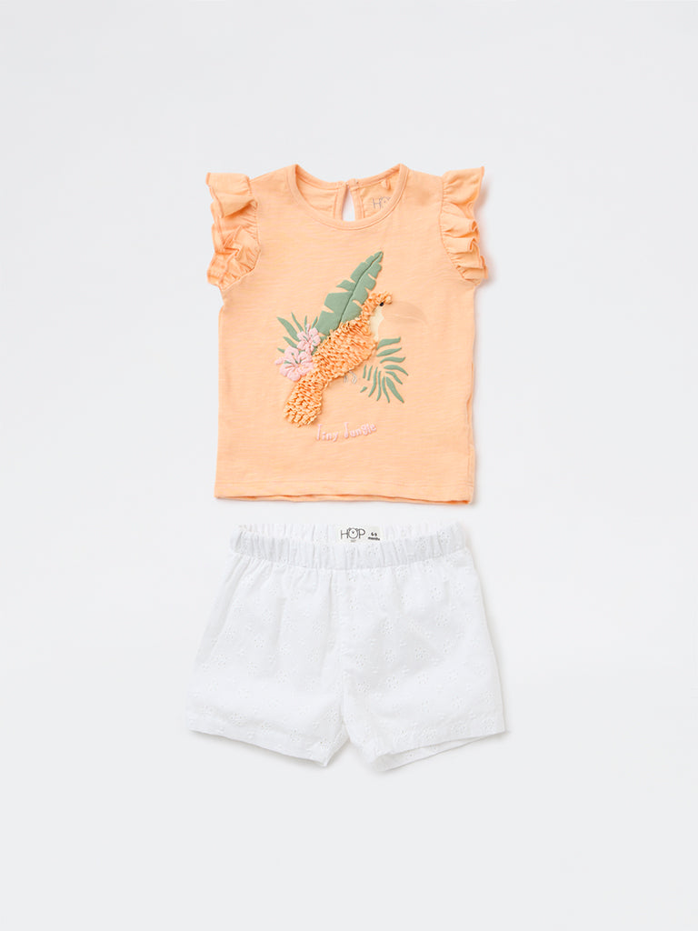 HOP Baby Girls Coral Cotton T-Shirt and Shorts Set