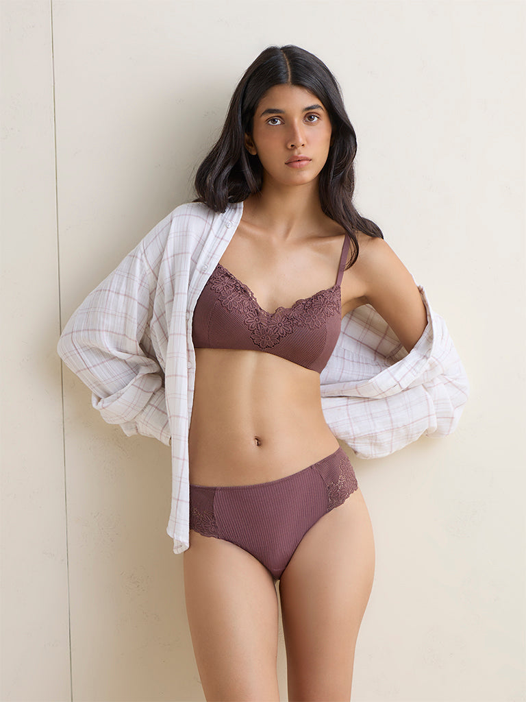 Wunderlove Plum Floral Embroidered Hipster Briefs