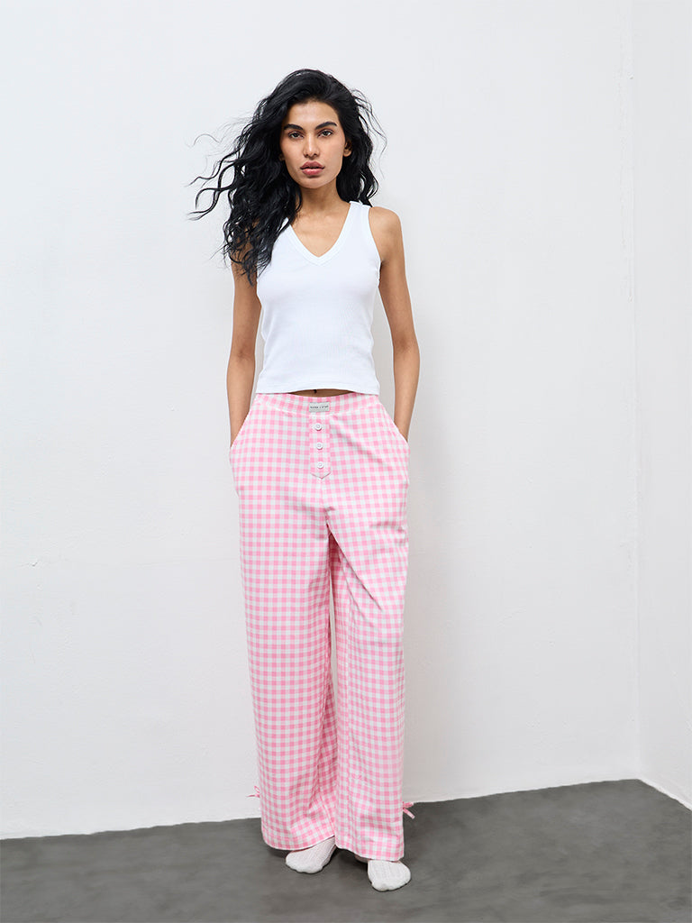 Superstar Pink Gingham Checkered High-Rise Cotton-Blend Pants
