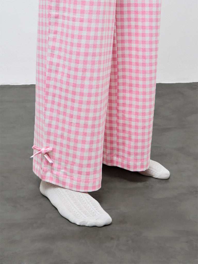 Superstar Pink Gingham Checkered High-Rise Cotton-Blend Pants