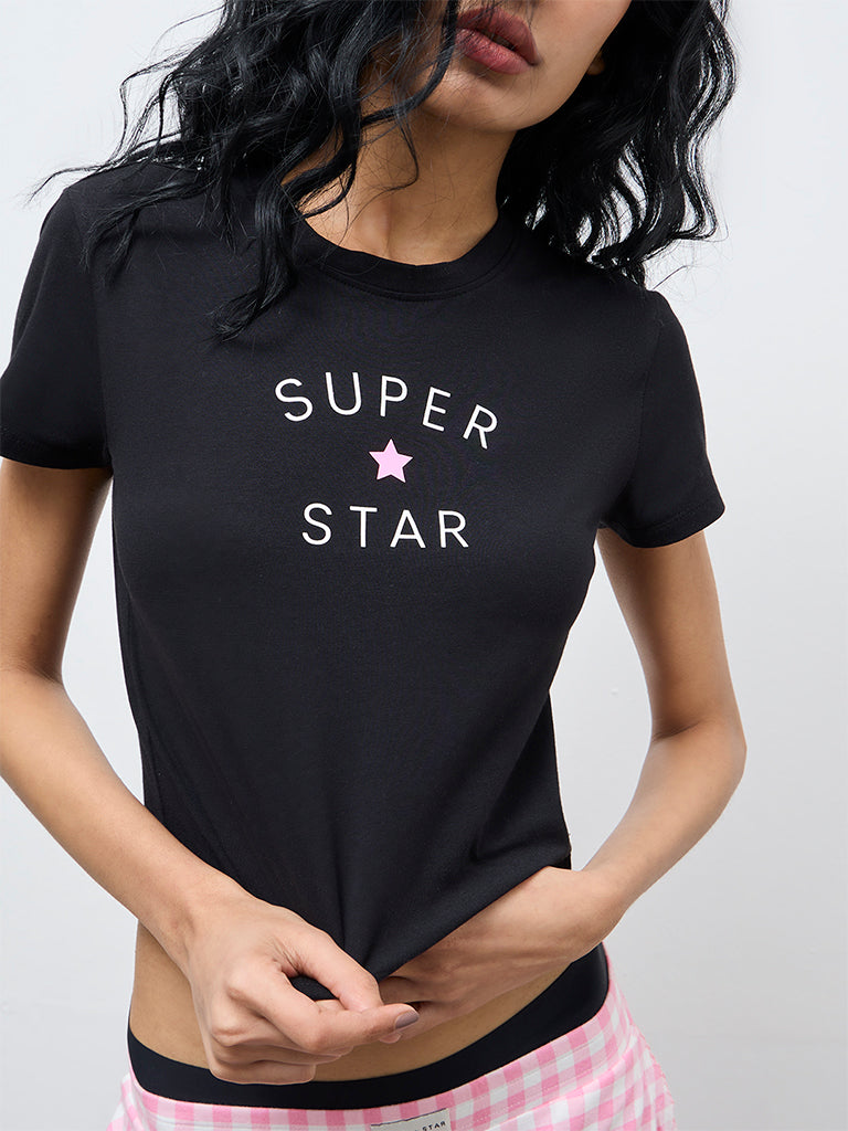 Superstar Black Typographic Cotton-Blend T-Shirt