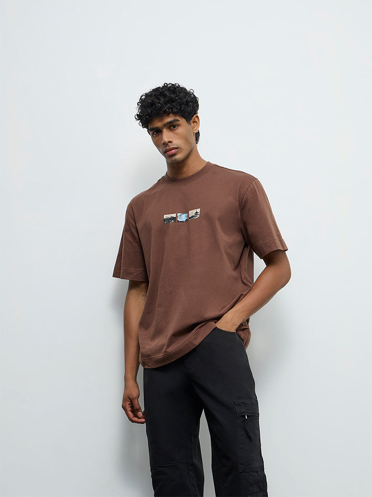 Nuon Brown Printed Relaxed-Fit Cotton T-Shirt