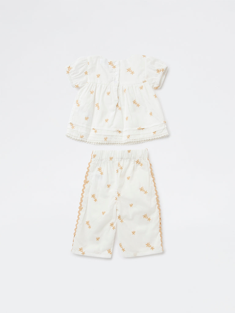 HOP Baby Girls White Embroidered Cotton Top and Pants Set