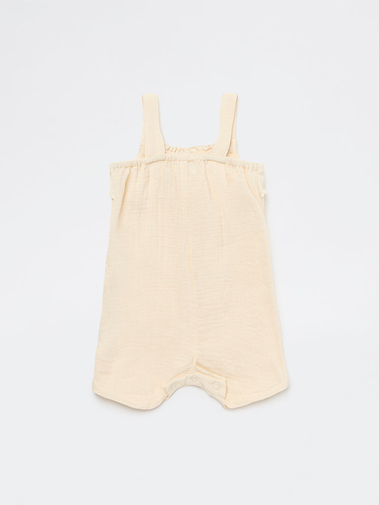HOP Baby Girls Beige Schiffli Detailed Cotton Romper
