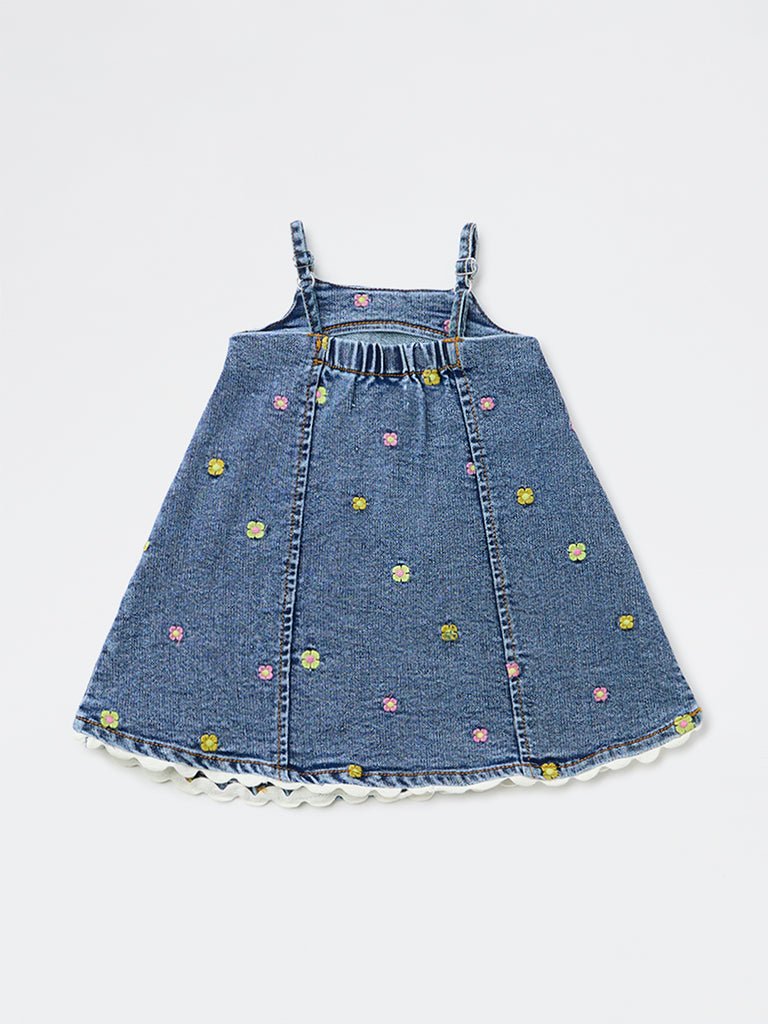 HOP Baby Girls Blue Floral Embroidered Denim Dress