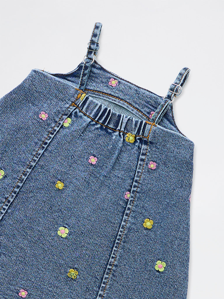 HOP Baby Girls Blue Floral Embroidered Denim Dress