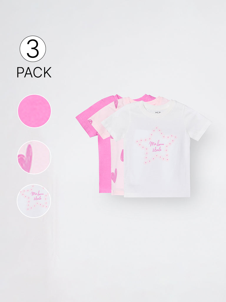 3-Pack HOP Kids Girls Pink Printed Cotton T-Shirts - Exclusive
