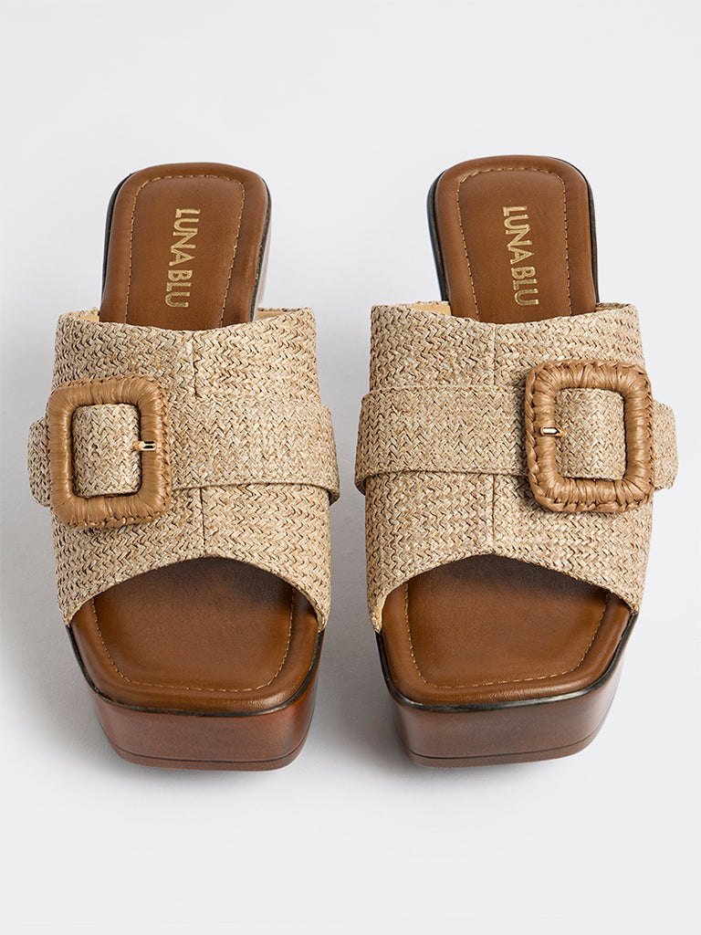 LUNA BLU Beige Raffia Platform-Heel Sandals