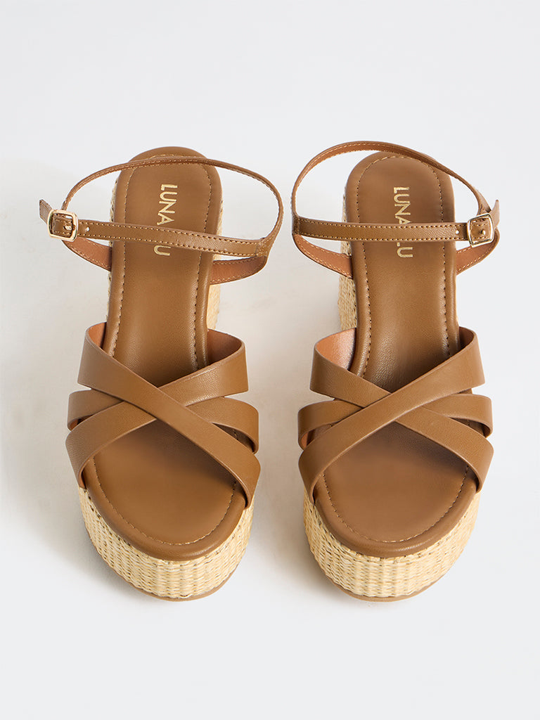 LUNA BLU Tan Cross-Strap Raffia Sandals
