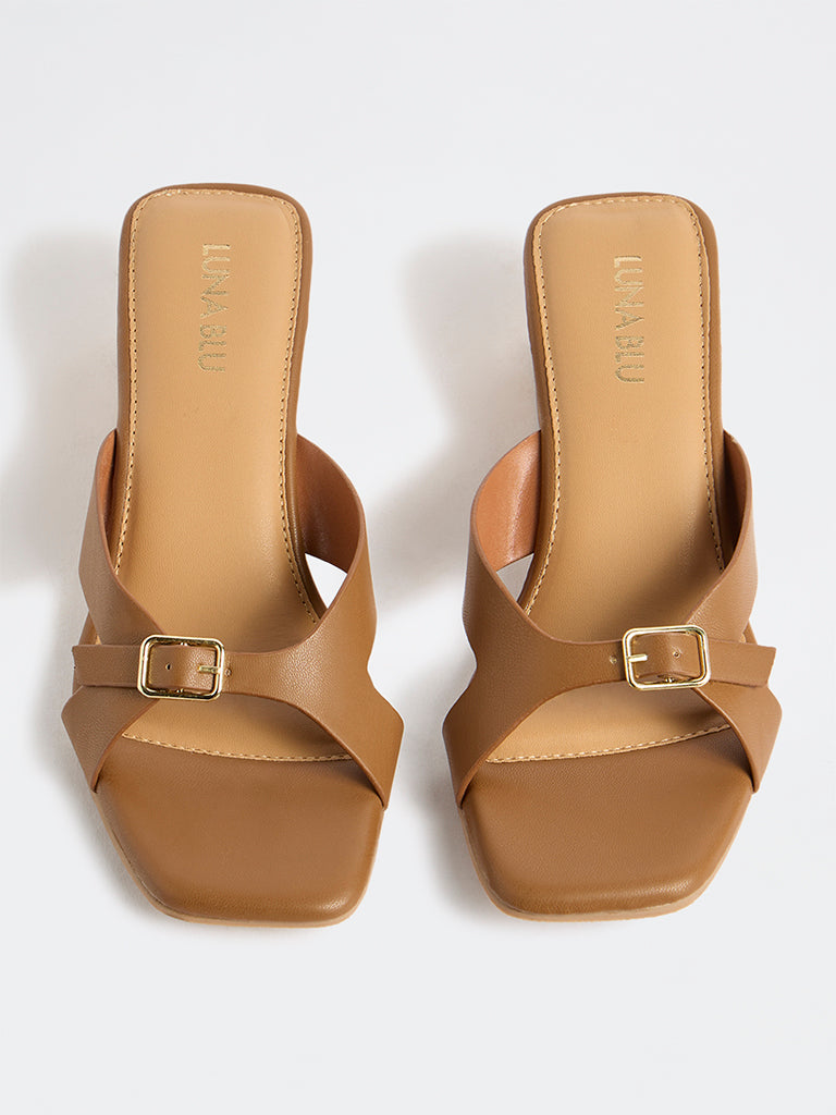 LUNA BLU Tan Buckle-Strap Wedge Sandals