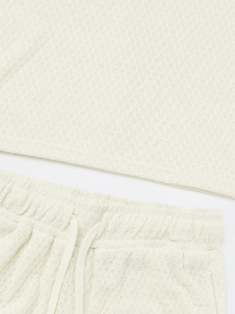 Boys Off-White Textured Cotton-Blend T-Shirt and Shorts Set