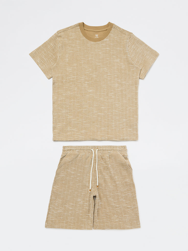 Boys Light Brown Textured Cotton T-Shirt and Shorts Set