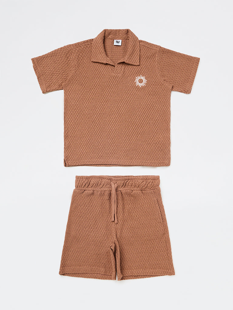 Boys Brown Textured Cotton-Blend T-Shirt and Shorts Set