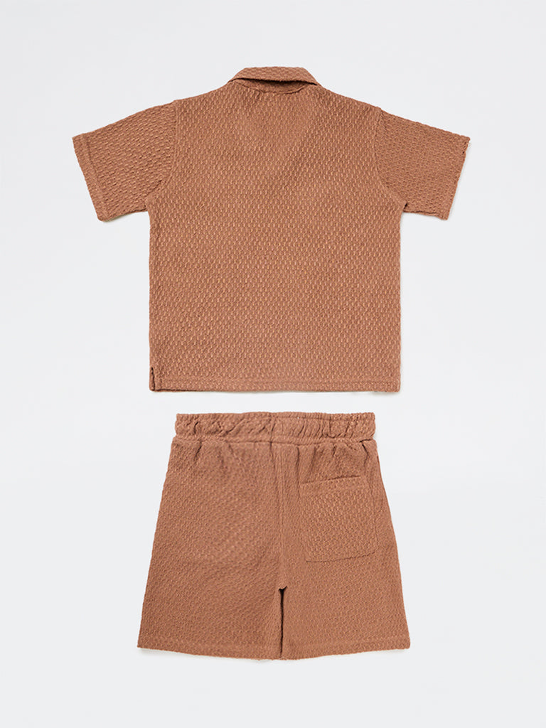 Boys Brown Textured Cotton-Blend T-Shirt and Shorts Set