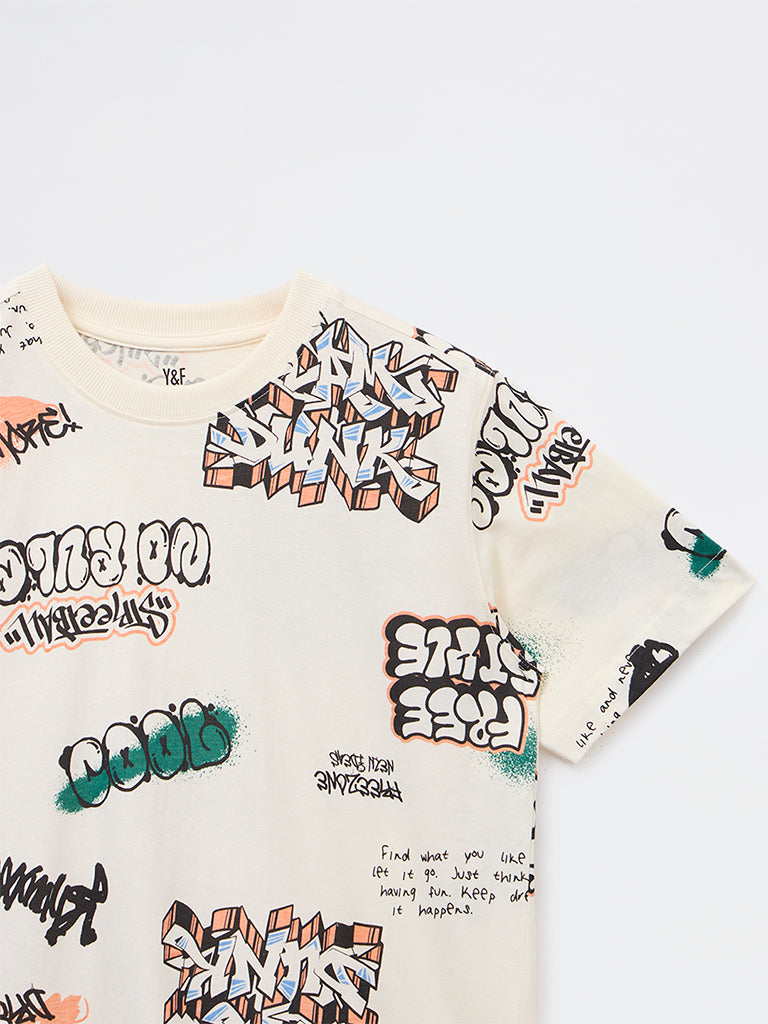 Boys Off-White Graphic Printed Cotton T-Shirt