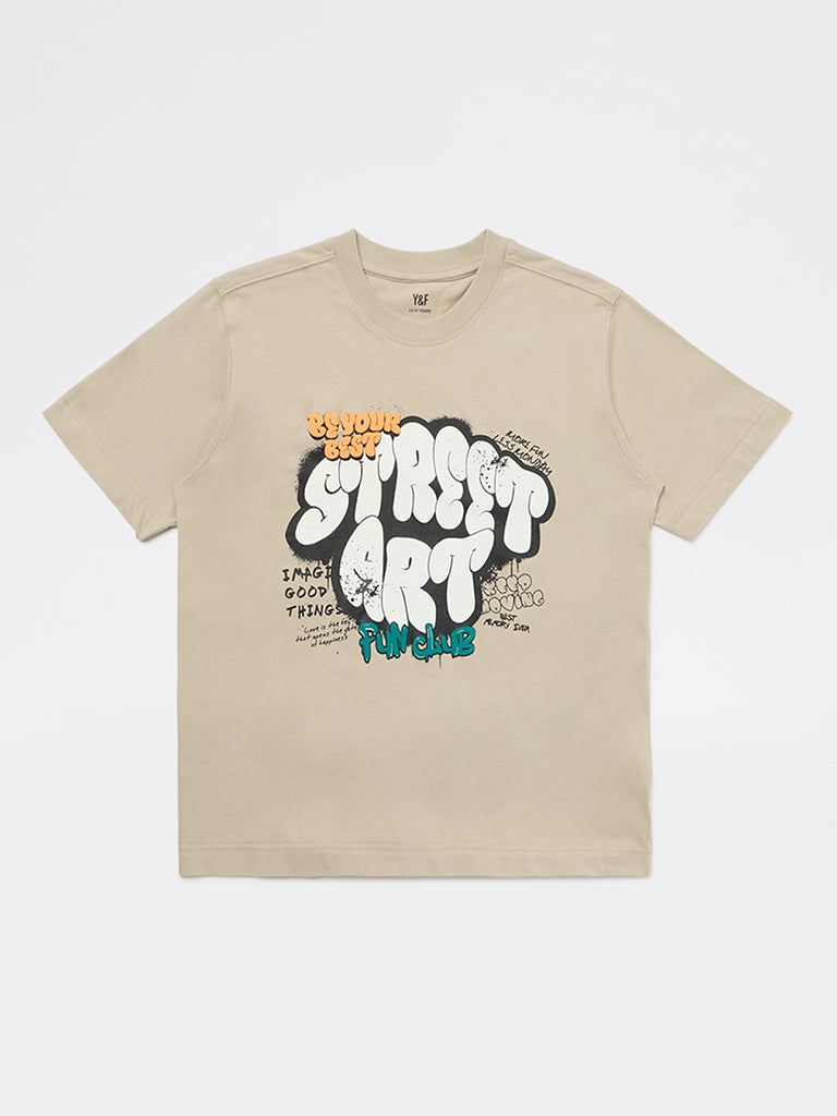 Boys Taupe Printed Cotton T-Shirt