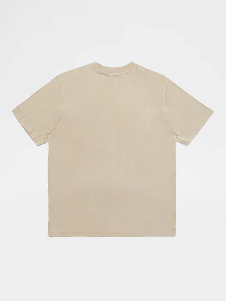 Boys Taupe Printed Cotton T-Shirt