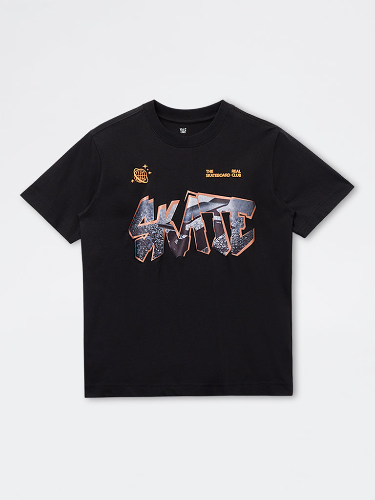 Boys Black Text Printed Cotton T-Shirt