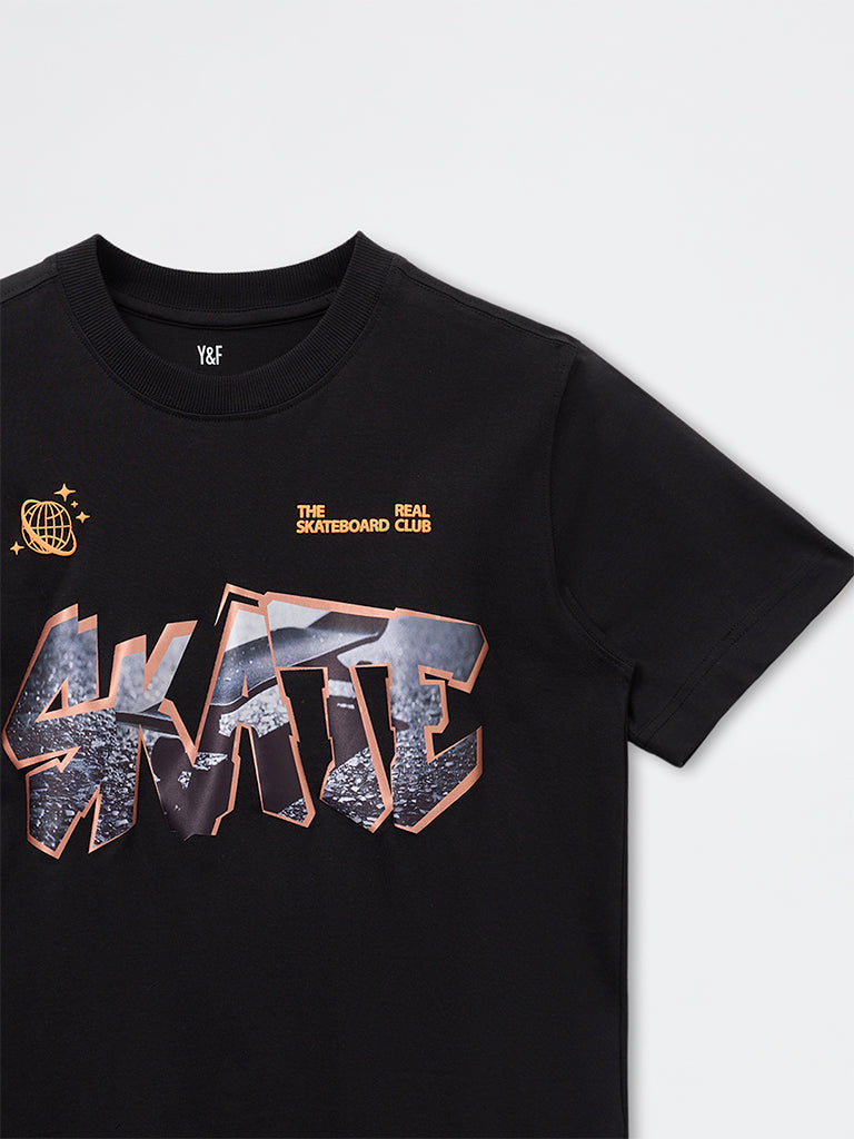 Boys Black Text Printed Cotton T-Shirt
