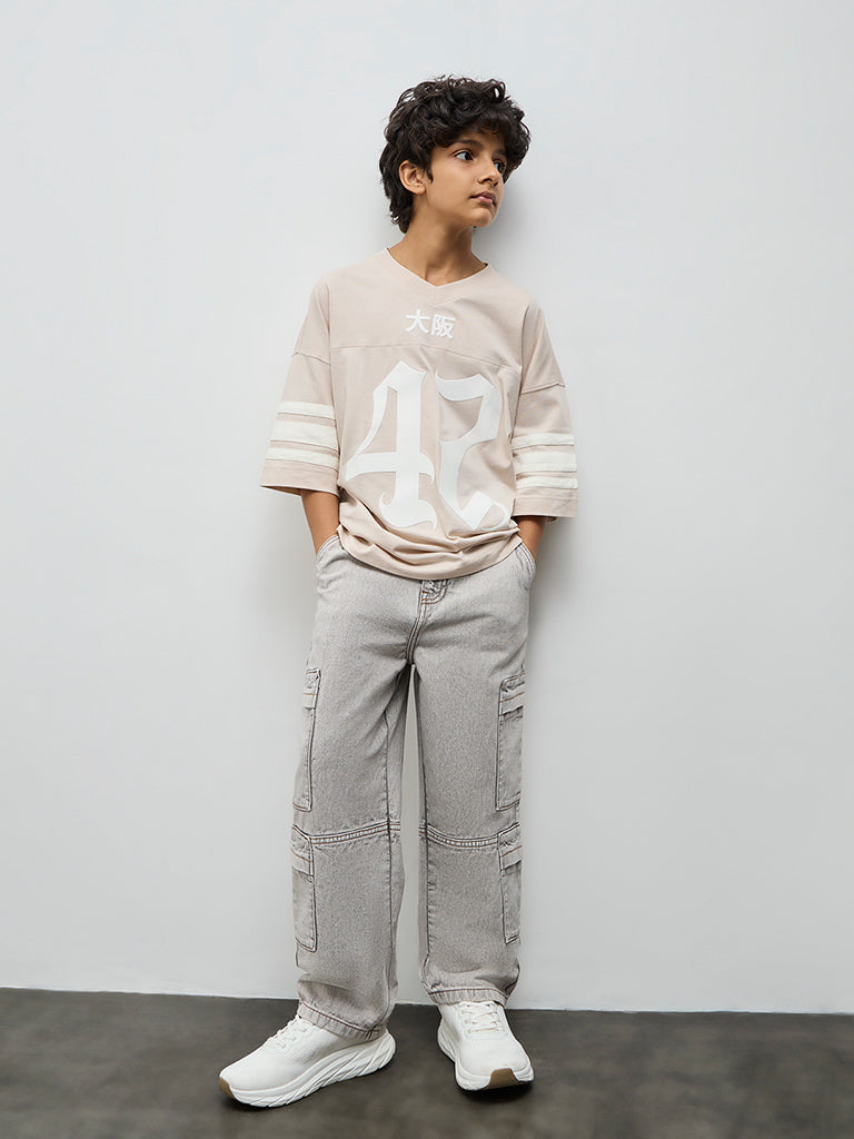 Boys Light Beige Numerical Printed Cotton T-Shirt